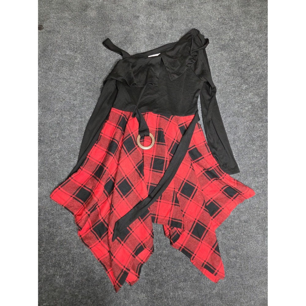 Dressfo Womens Black Red Plaid Handkerchief Mini Dress Cold Shoulder O-Ring L